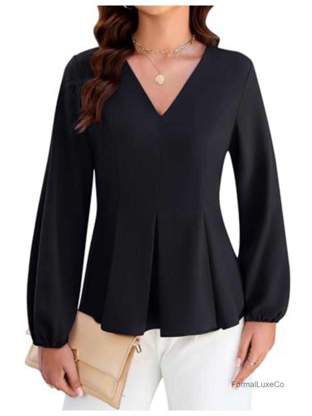 Womens Peplum Blouse Long Sleeve V-Neck Dressy Casual Work Top